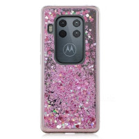 Луксозен силиконов гръб ТПУ FASHION с течност и розов брокат за Motorola One Zoom прозрачен